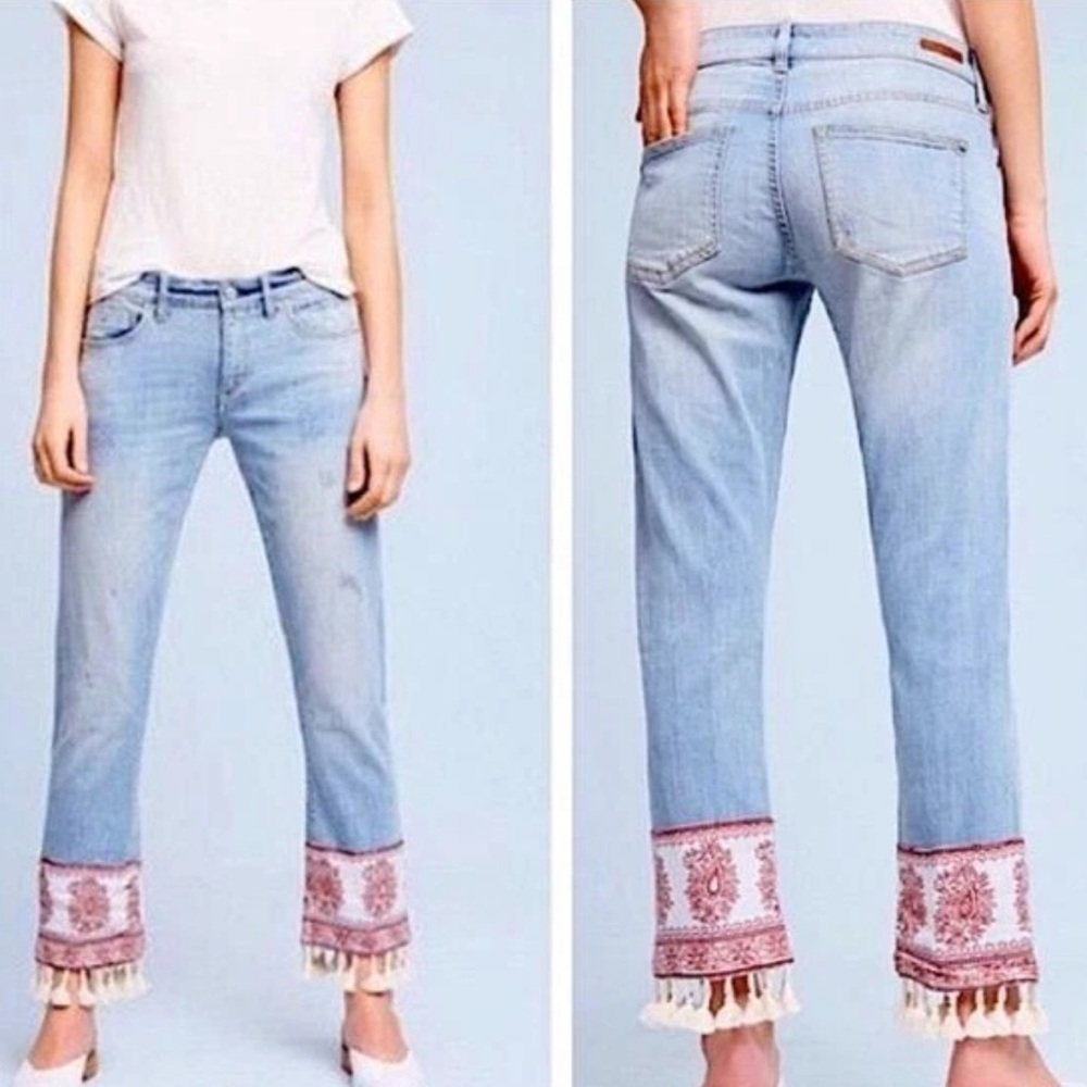 Anthropologie Light Blue Jeans with Pink Embroidered Hem and Cream Tassels
